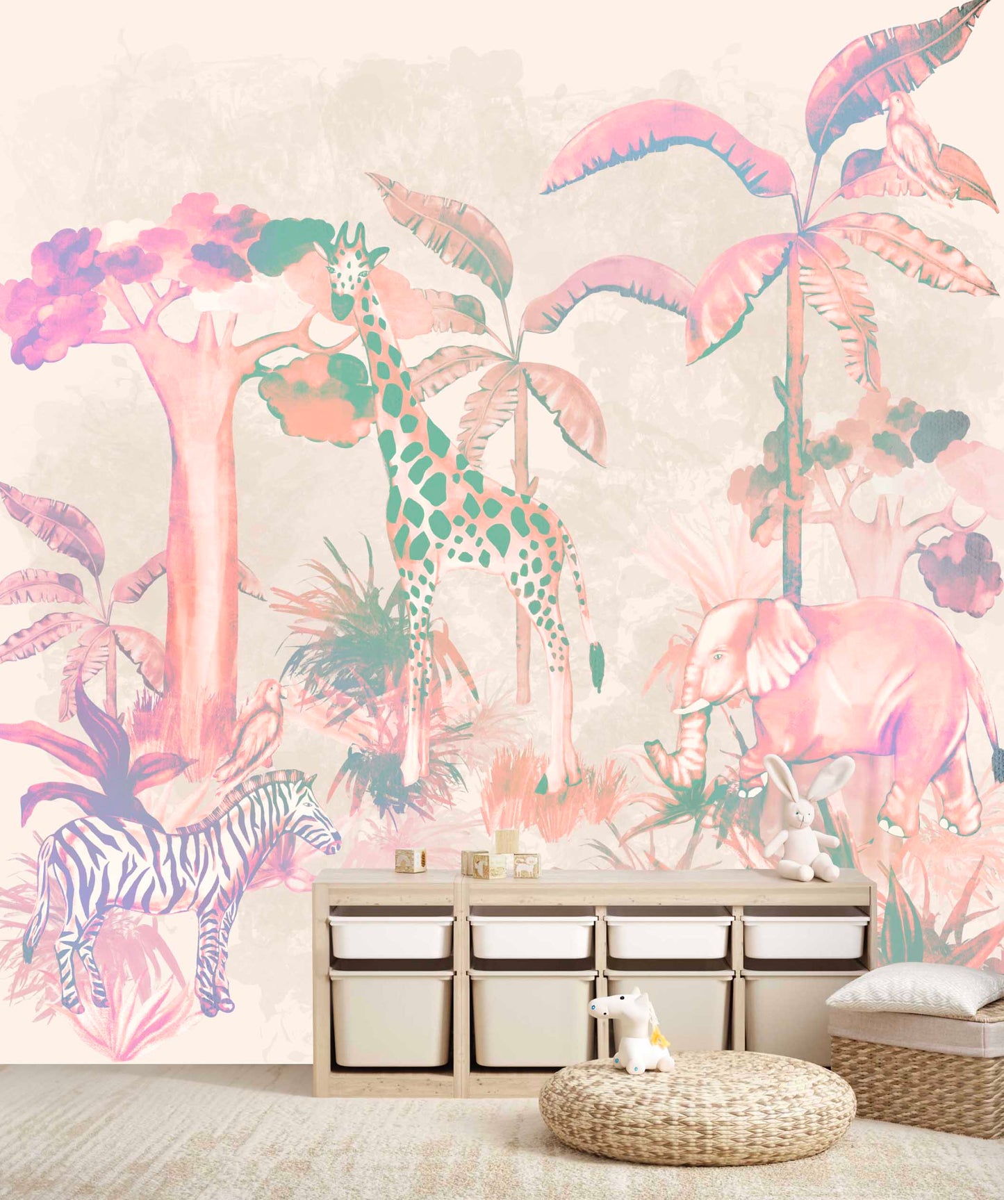 Kids Nursery Animal Kingdom Mural In Pink