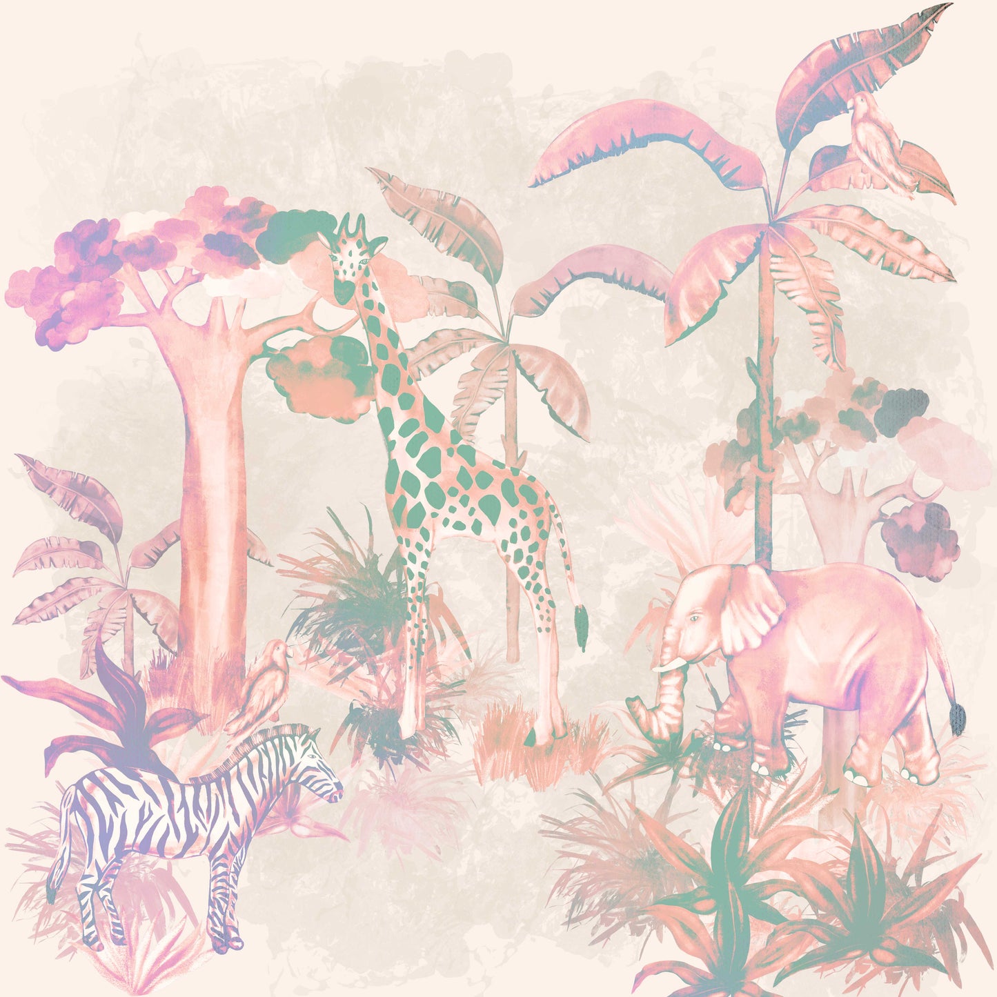 Kids Nursery Animal Kingdom Mural In Pink