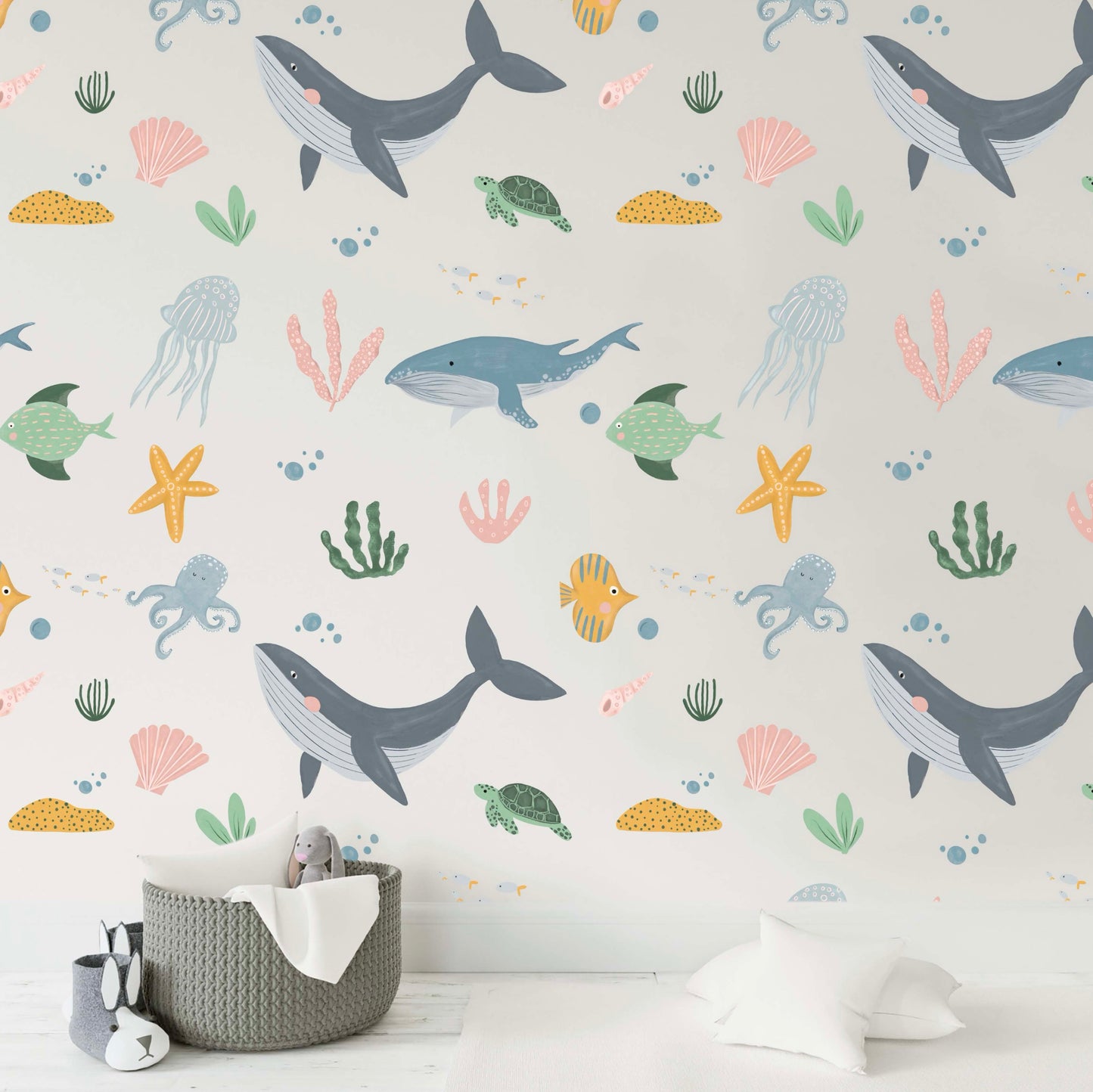 Hand-Painted Underwater Wallpaper for Tranquil Kids' Spaces