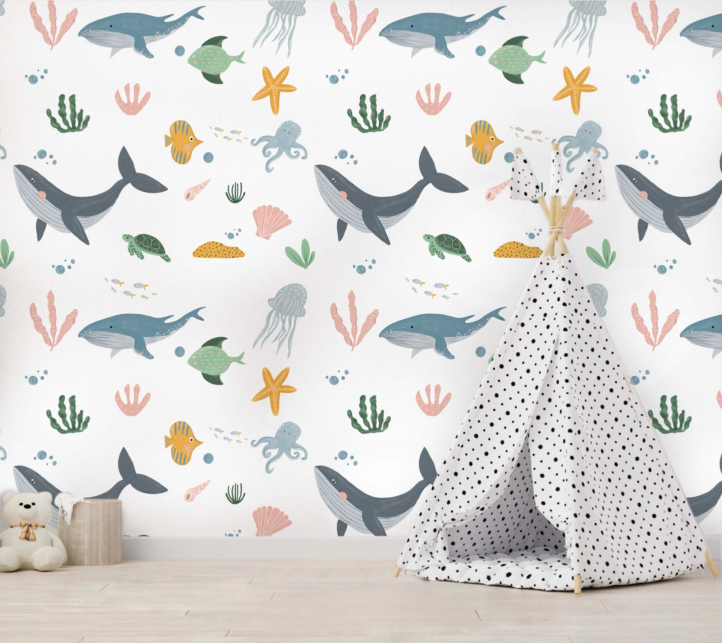 Hand-Painted Underwater Wallpaper for Tranquil Kids' Spaces