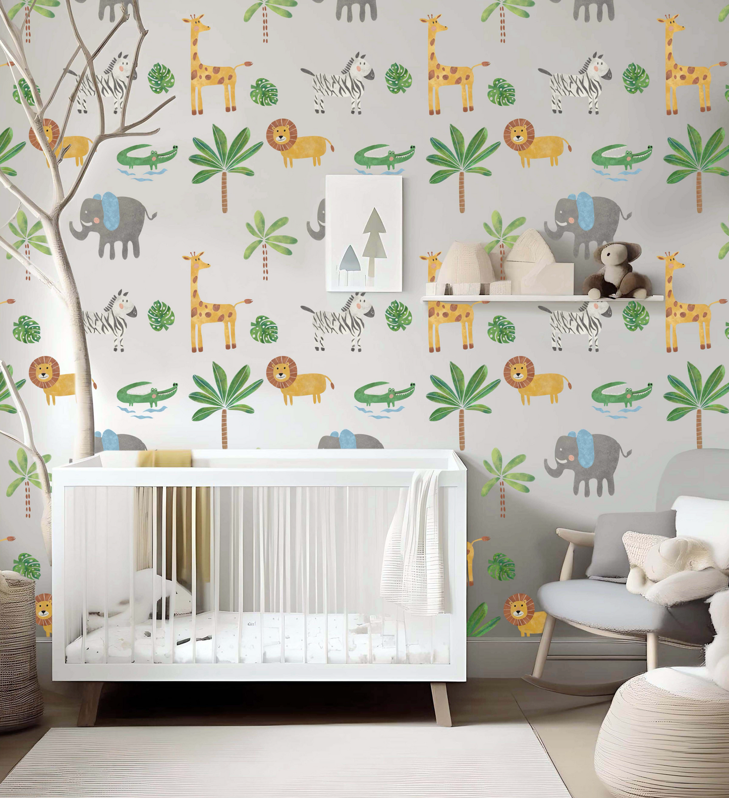 Handprinted Exotic Animal Wallpaper with Vibrant Colors for Kids' Spaces